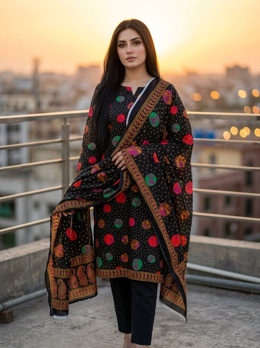 Black with Multicolor Circle Print & Golden Dots