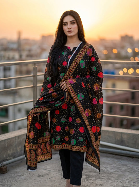 Black with Multicolor Circle Print & Golden Dots