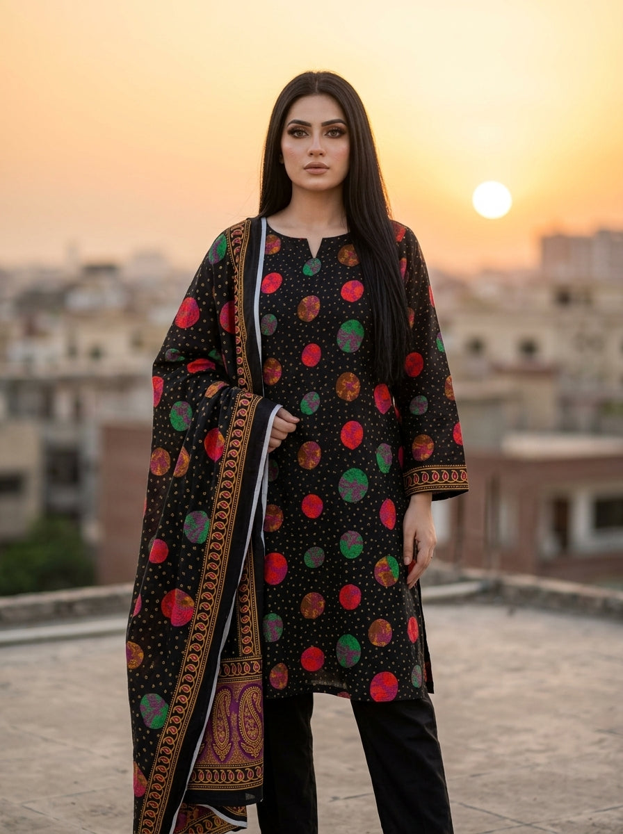 Black with Multicolor Circle Print & Golden Dots