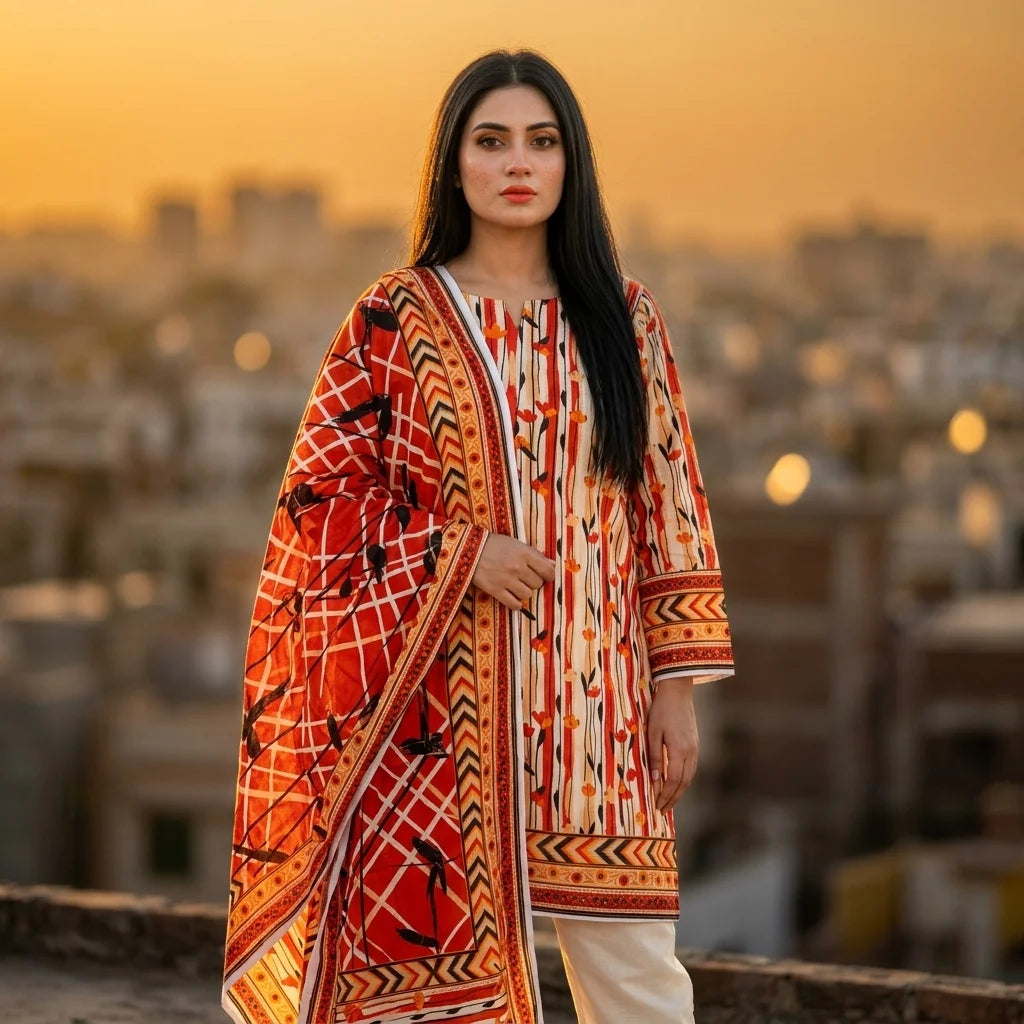 Cream Red Stripe Tulip Print with Bold Aztec Dupatta