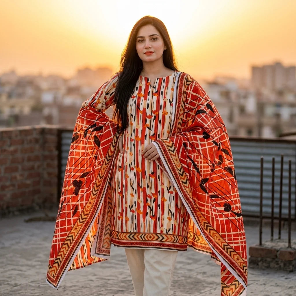 Cream Red Stripe Tulip Print with Bold Aztec Dupatta