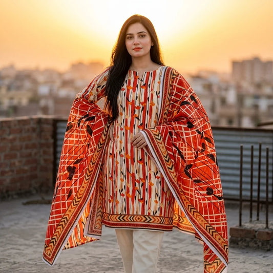 Cream Red Stripe Tulip Print with Bold Aztec Dupatta