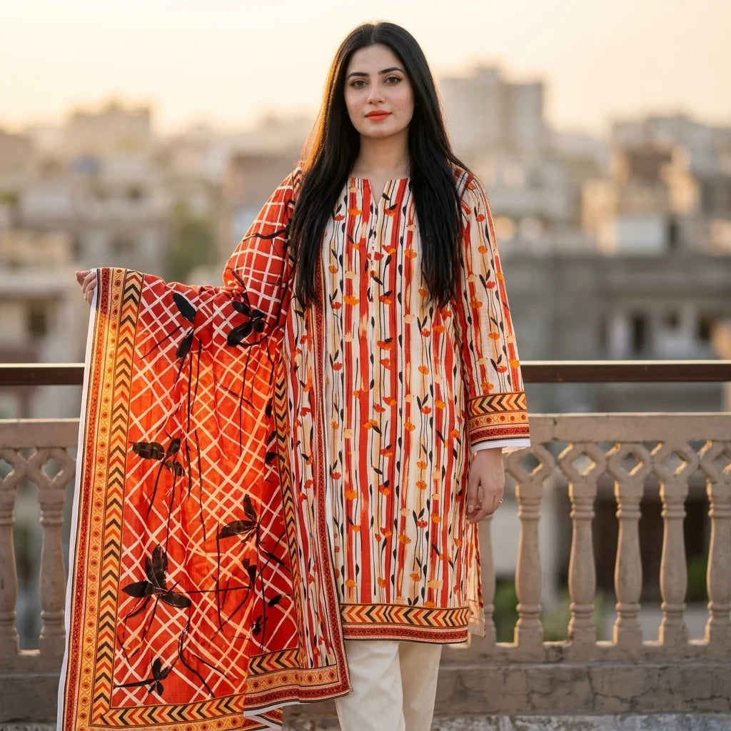 Cream Red Stripe Tulip Print with Bold Aztec Dupatta