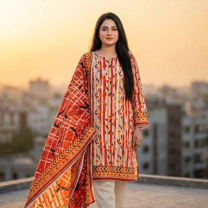 Cream Red Stripe Tulip Print with Bold Aztec Dupatta