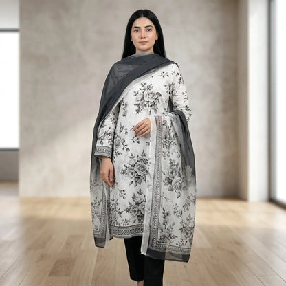 White with Grey Monochrome Rose Floral Print & Black Trouser