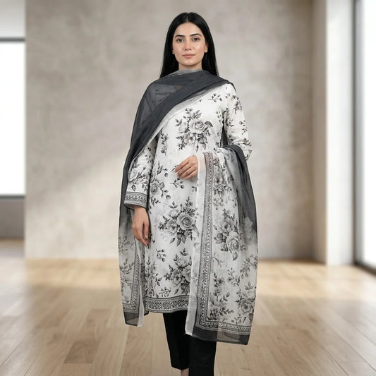 White with Grey Monochrome Rose Floral Print & Black Trouser