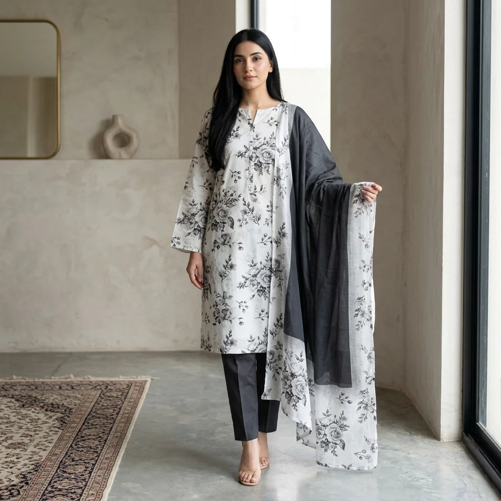 White with Grey Monochrome Rose Floral Print & Black Trouser