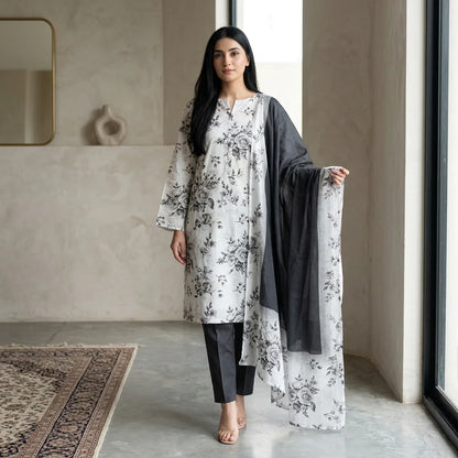 White with Grey Monochrome Rose Floral Print & Black Trouser