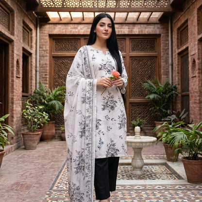 White with Grey Monochrome Rose Floral Print & Black Trouser