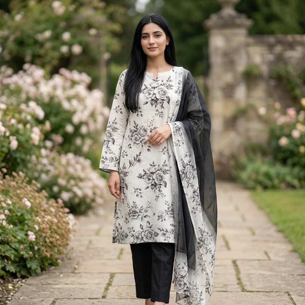 White with Grey Monochrome Rose Floral Print & Black Trouser