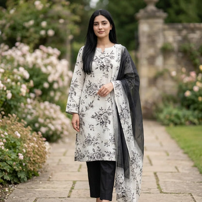 White with Grey Monochrome Rose Floral Print & Black Trouser