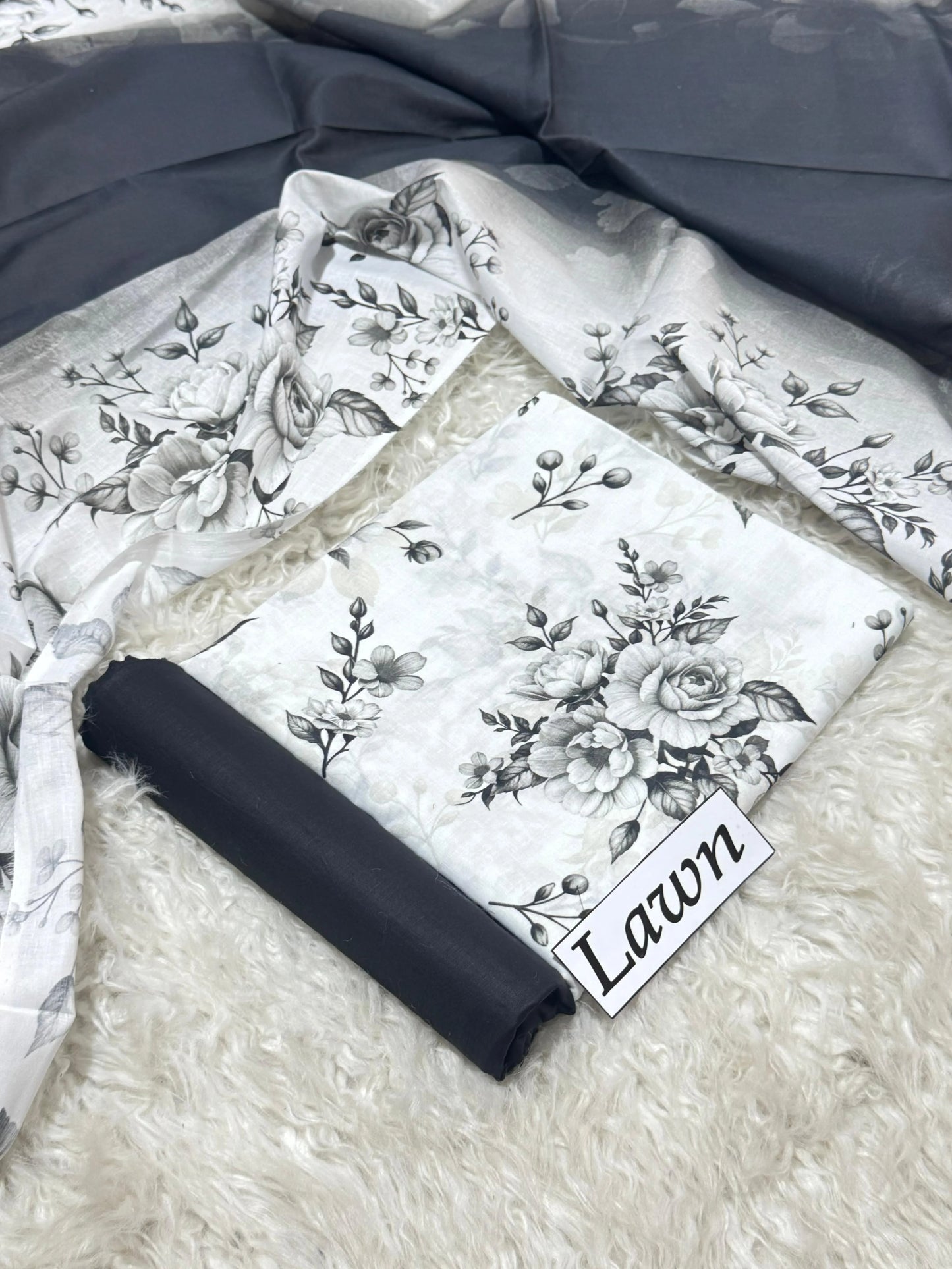 White with Grey Monochrome Rose Floral Print & Black Trouser