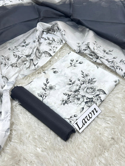 White with Grey Monochrome Rose Floral Print & Black Trouser