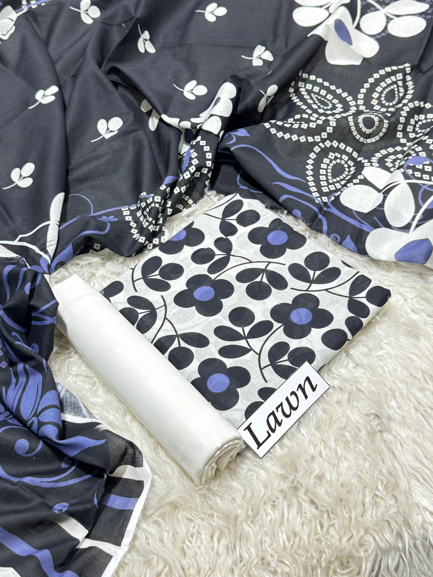 White with Bold Black Daisy Print & Navy Floral Dupatta