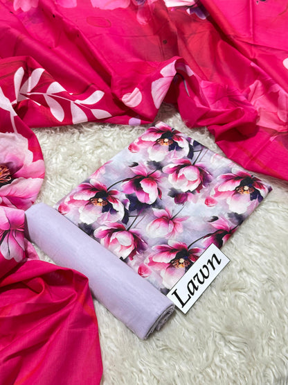 Grey Lavender with Large Pink Peony Floral Print & Hot Pink Dupatta