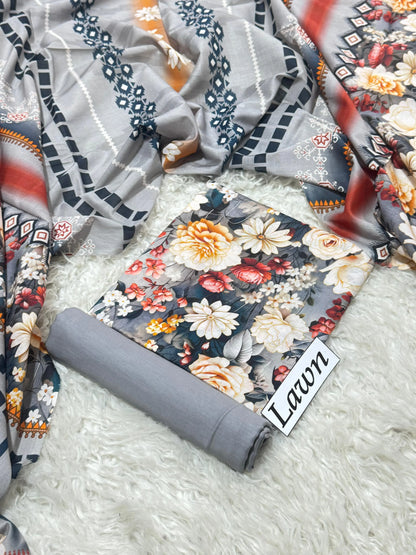 Grey with Multicolor Peony Floral Print & Geometric Tribal Dupatta