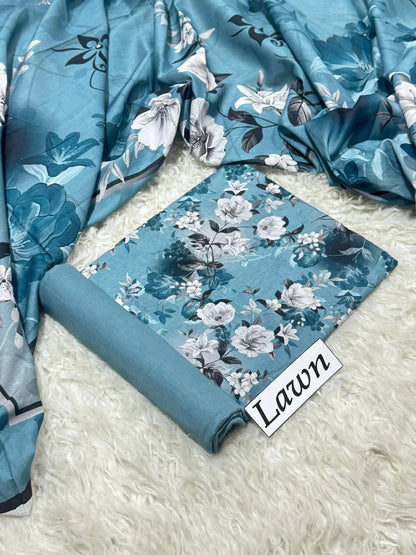 Teal Blue with White & Grey Rose Floral Print & Matching Dupatta