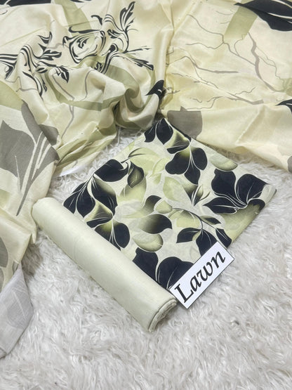 Cream with Bold Black & Olive Green Tropical Lily Print & Botanical Dupatta