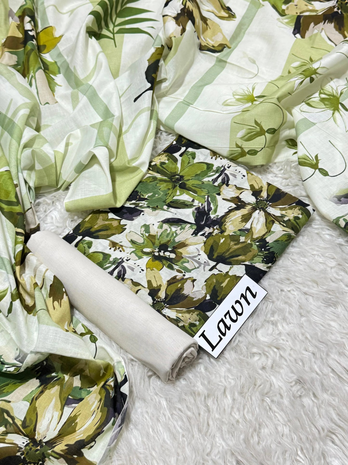 White with Bold Green & Olive Tropical Floral Print & Striped Botanical Dupatta