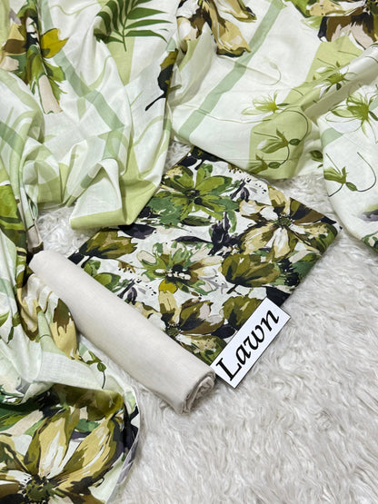 White with Bold Green & Olive Tropical Floral Print & Striped Botanical Dupatta
