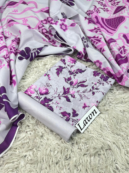 Grey Lavender with Purple & Pink Mughal Floral Vine Print & Mughal Motif Dupatta