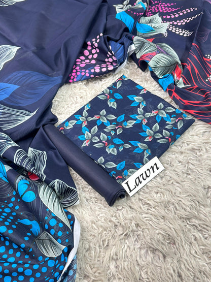 Navy Blue Leaf Print with Vibrant Multicolor Dupatta