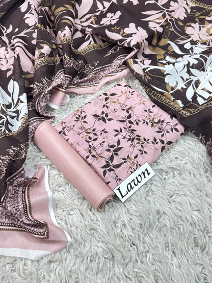 Baby Pink Vine Print with Dark Brown Floral Dupatta
