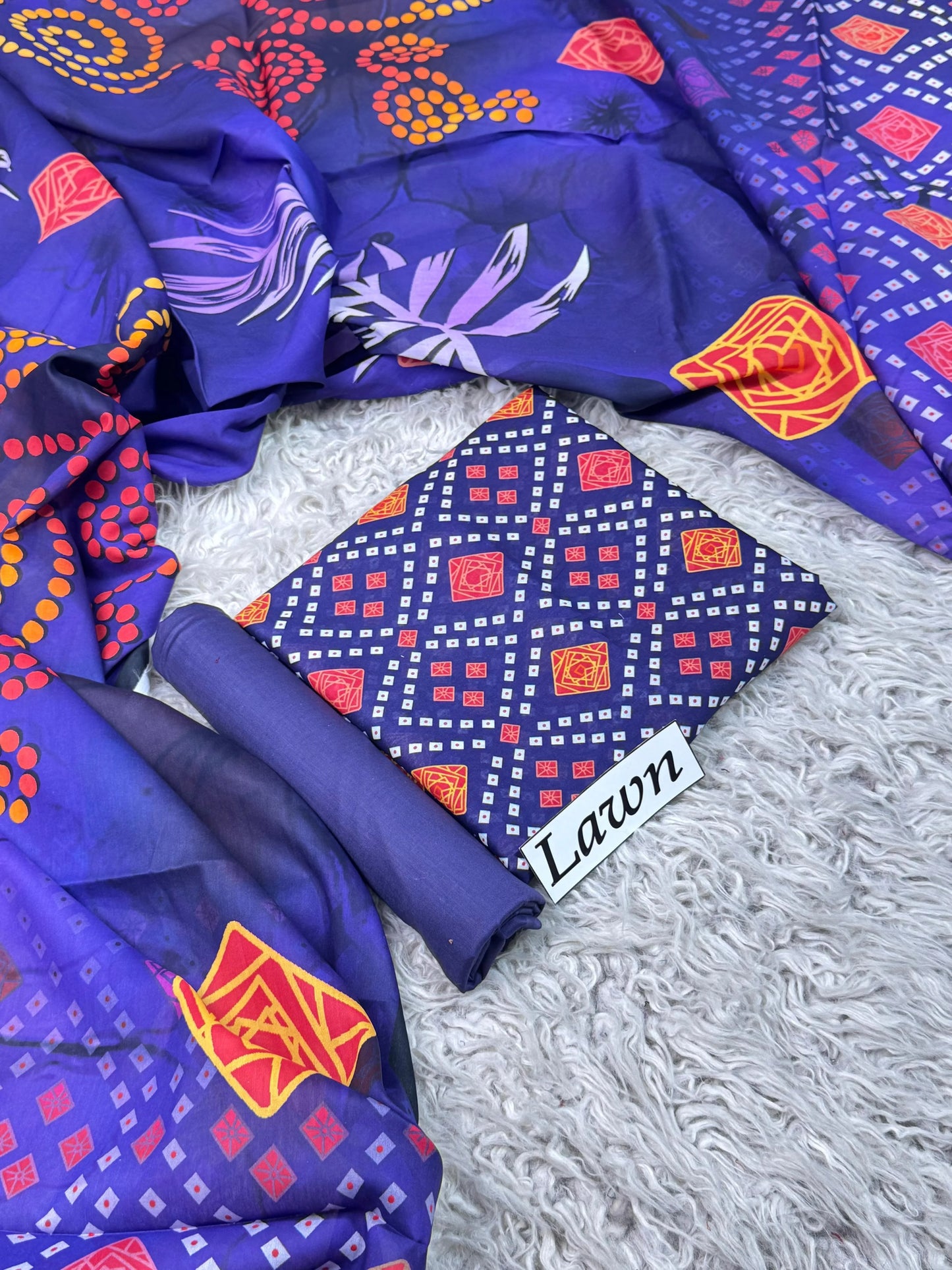 Navy Geometric Bandhani Print with Vibrant Purple Dupatta