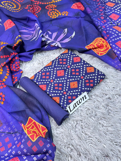 Navy Geometric Bandhani Print with Vibrant Purple Dupatta