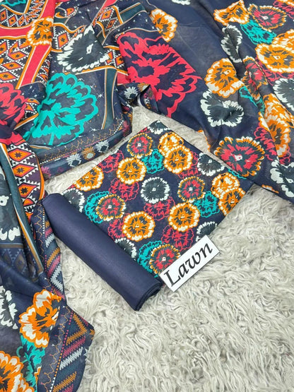 Navy with Multicolor Medallion Floral Print & Tribal Dupatta