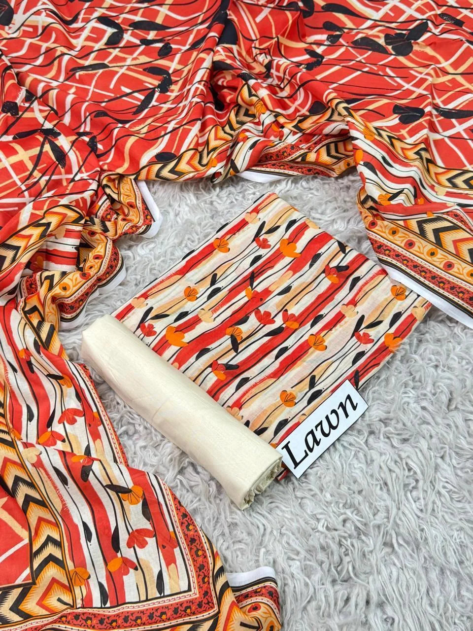 Cream Red Stripe Tulip Print with Bold Aztec Dupatta