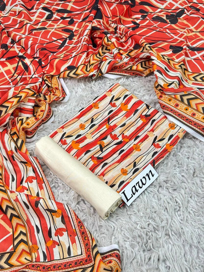 Cream Red Stripe Tulip Print with Bold Aztec Dupatta