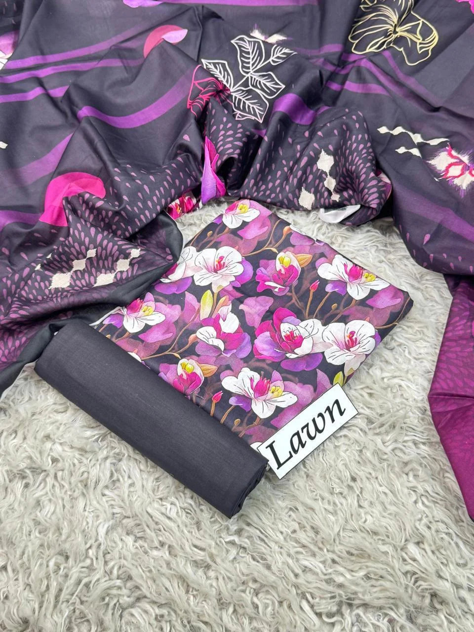 Black with Purple & White Orchid Floral Print & Artistic Dupatta