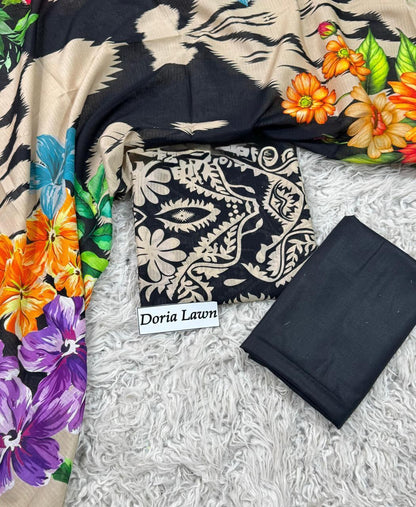 Black & Cream Artistic Floral Paisley Print with Vibrant Dupatta