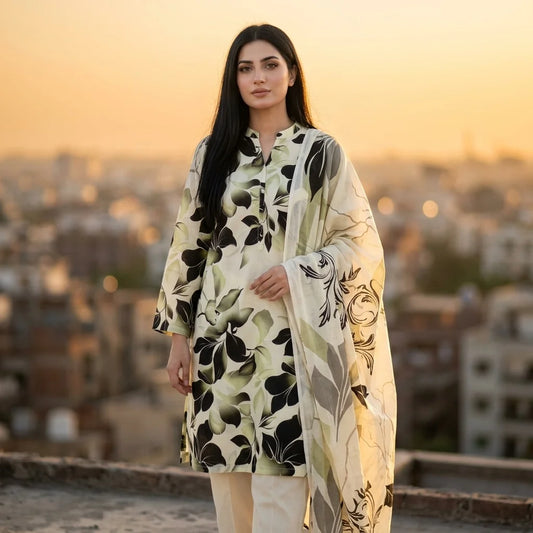 Cream with Bold Black & Olive Green Tropical Lily Print & Botanical Dupatta