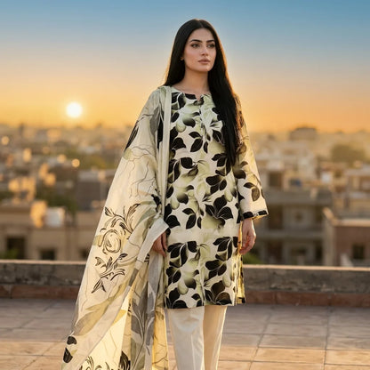 Cream with Bold Black & Olive Green Tropical Lily Print & Botanical Dupatta