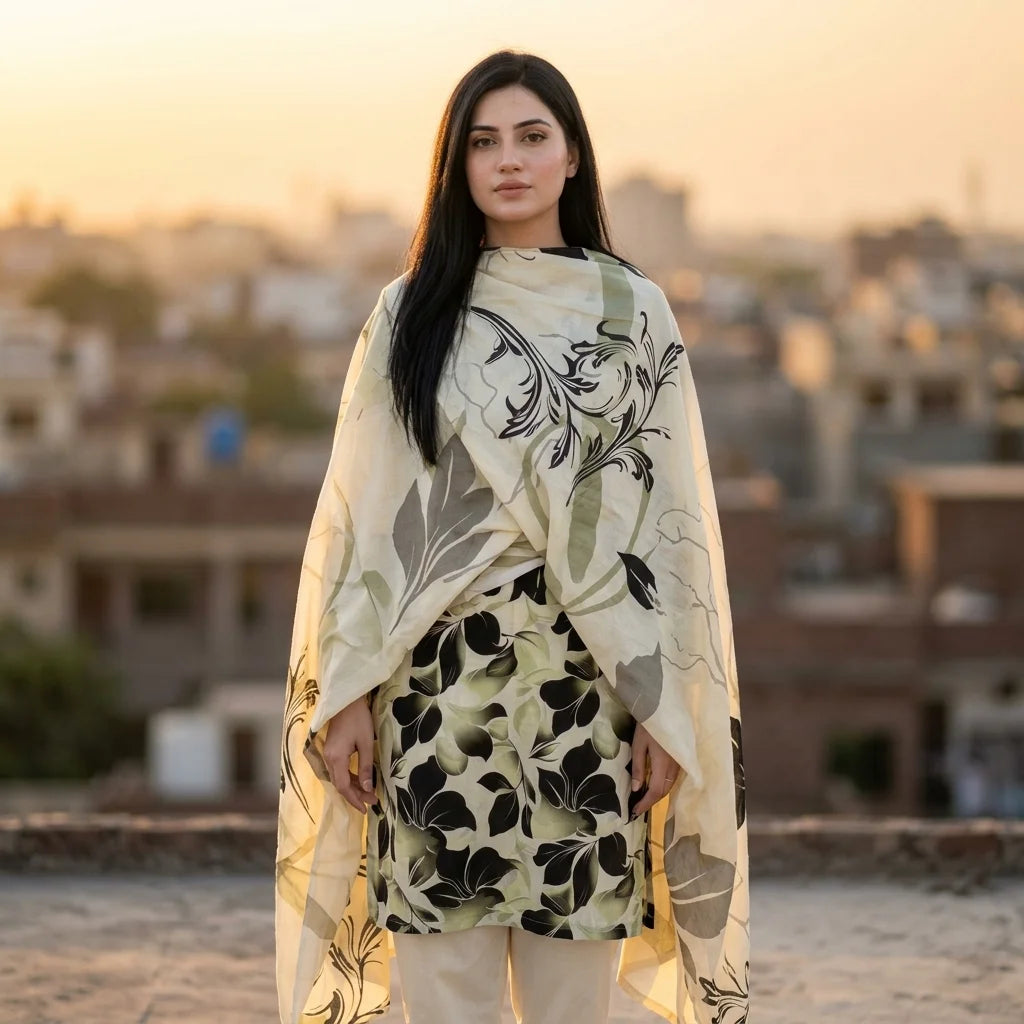 Cream with Bold Black & Olive Green Tropical Lily Print & Botanical Dupatta