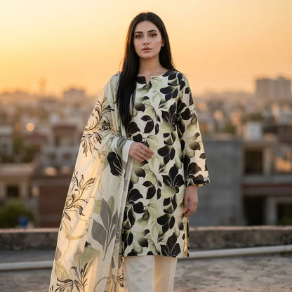 Cream with Bold Black & Olive Green Tropical Lily Print & Botanical Dupatta