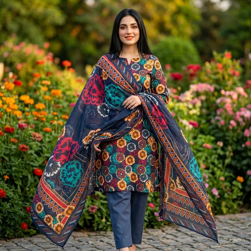 Navy with Multicolor Medallion Floral Print & Tribal Dupatta