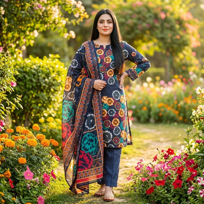 Navy with Multicolor Medallion Floral Print & Tribal Dupatta