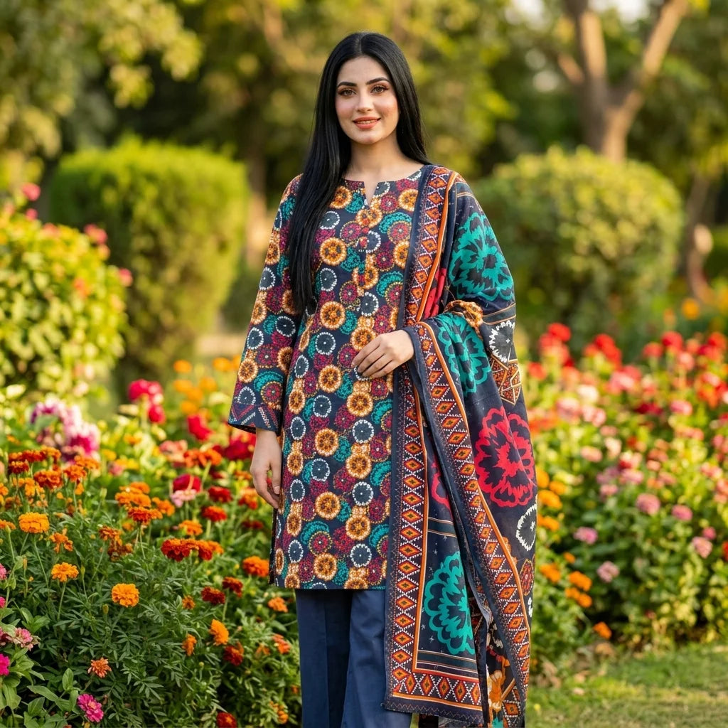Navy with Multicolor Medallion Floral Print & Tribal Dupatta