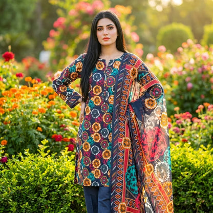 Navy with Multicolor Medallion Floral Print & Tribal Dupatta