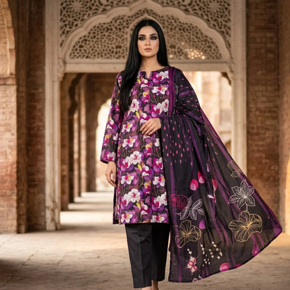 Black with Purple & White Orchid Floral Print & Artistic Dupatta