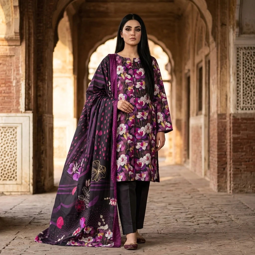 Black with Purple & White Orchid Floral Print & Artistic Dupatta