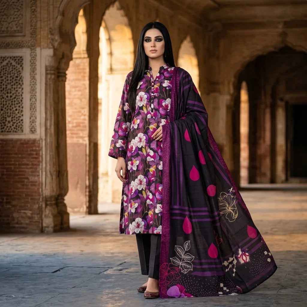 Black with Purple & White Orchid Floral Print & Artistic Dupatta