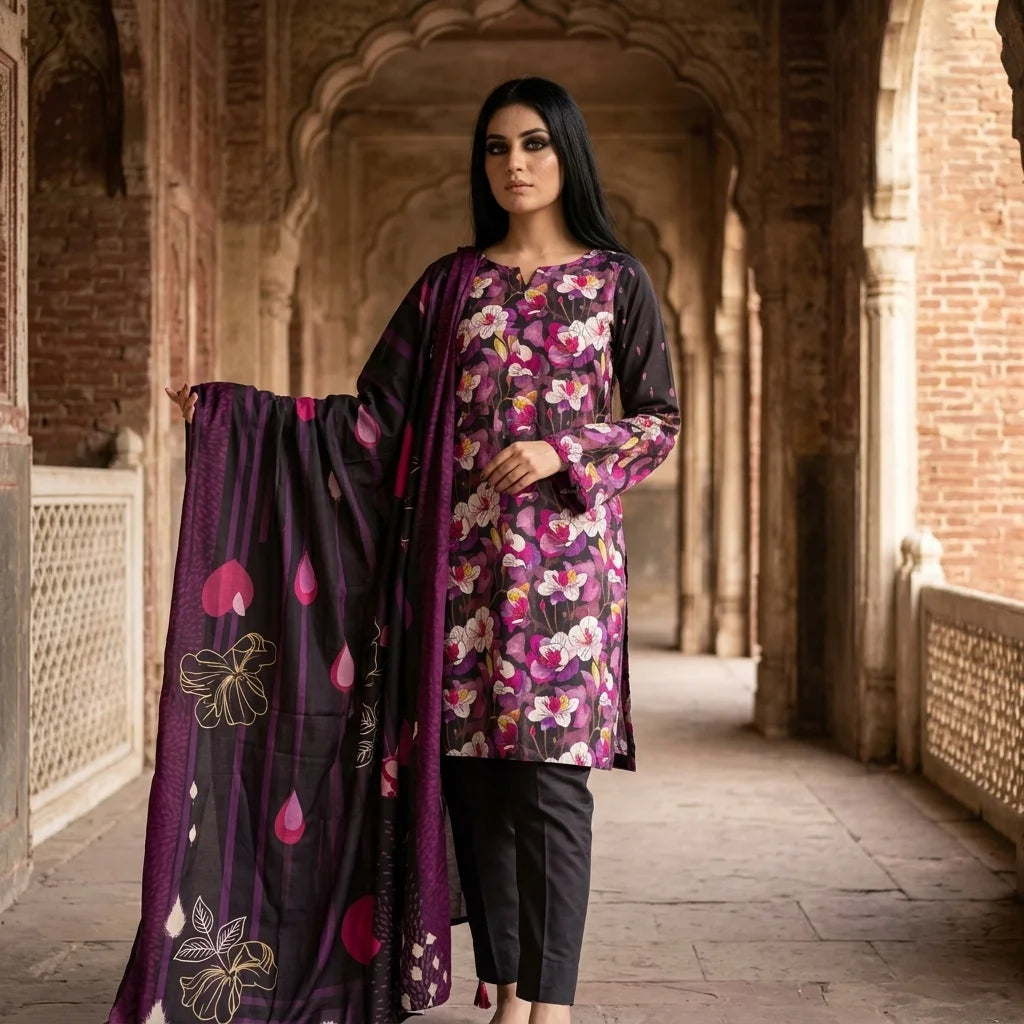 Black with Purple & White Orchid Floral Print & Artistic Dupatta