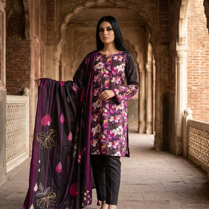 Black with Purple & White Orchid Floral Print & Artistic Dupatta