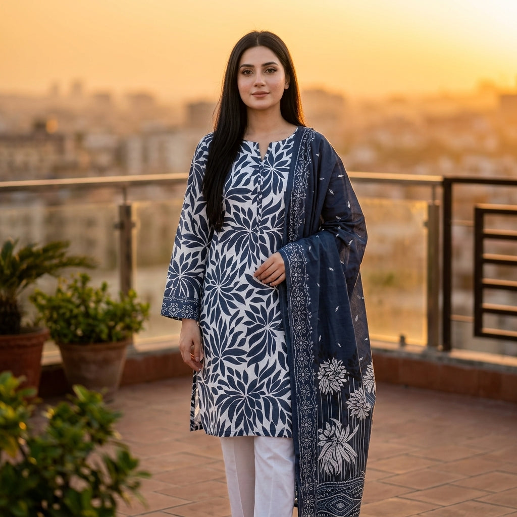 White with Bold Navy Blue Dahlia Leaf Print & Navy Floral Dupatta