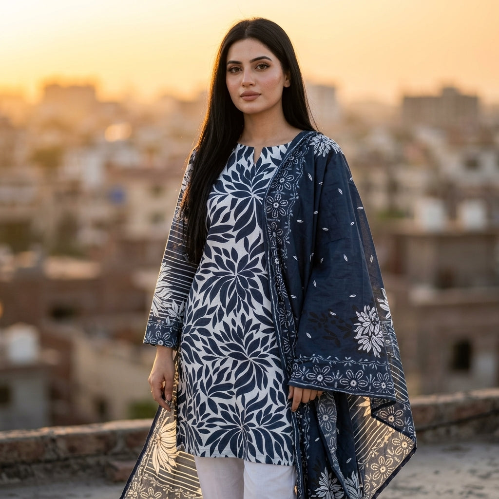 White with Bold Navy Blue Dahlia Leaf Print & Navy Floral Dupatta