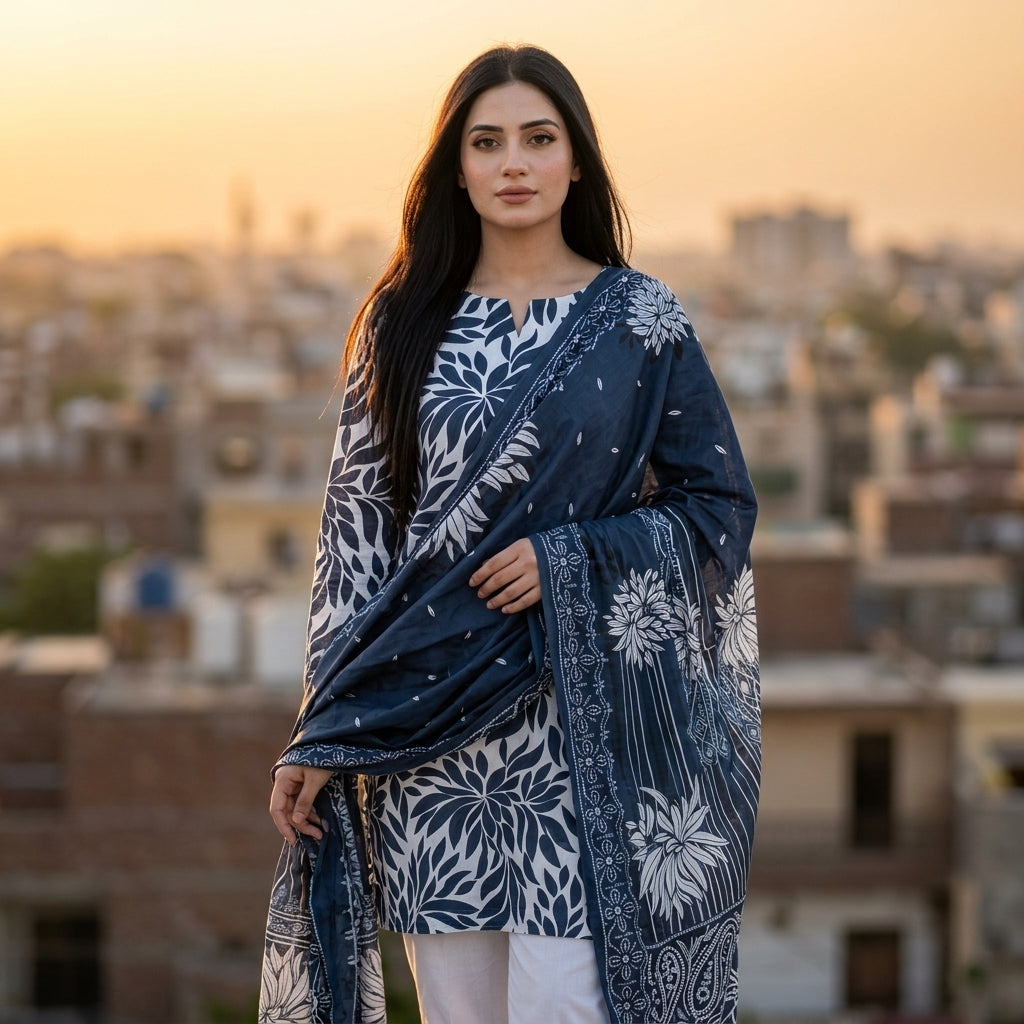 White with Bold Navy Blue Dahlia Leaf Print & Navy Floral Dupatta